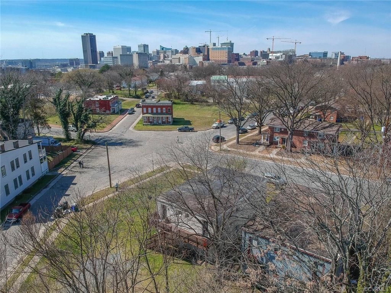 Aerial view over Carrington Street and its intersections, with downtown Richmond on the skyline