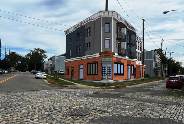Rendering of a three-storey corner building, brick at street level with grey upper floors, beside a cobblestone street